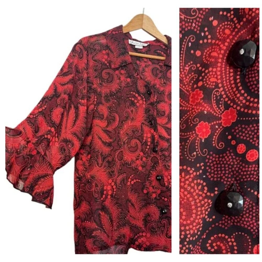 VTG Gloria Lance Sheer Sparkle Paisley Frill Sleeve Disco Hippie Red Shirt 1X